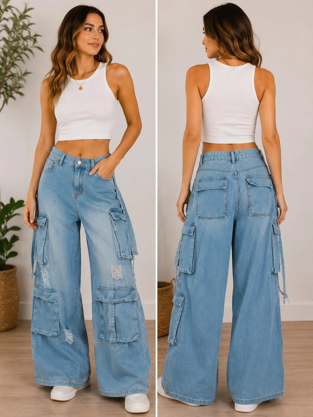 Wide Leg Cargo Jeans in Light Blue - Picture 1 of 5